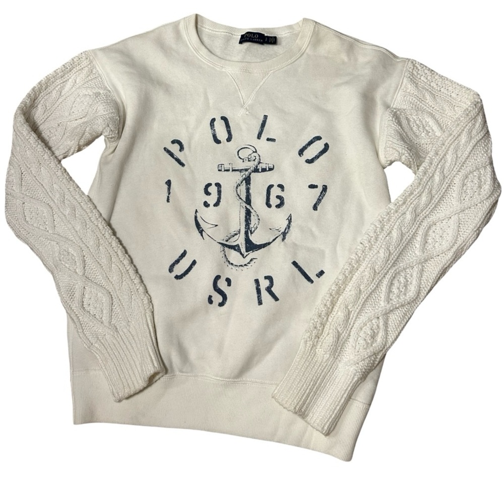Ralph Lauren Nautical Preppy White Cable Knit Crewneck Sweater Anchor Graphic
